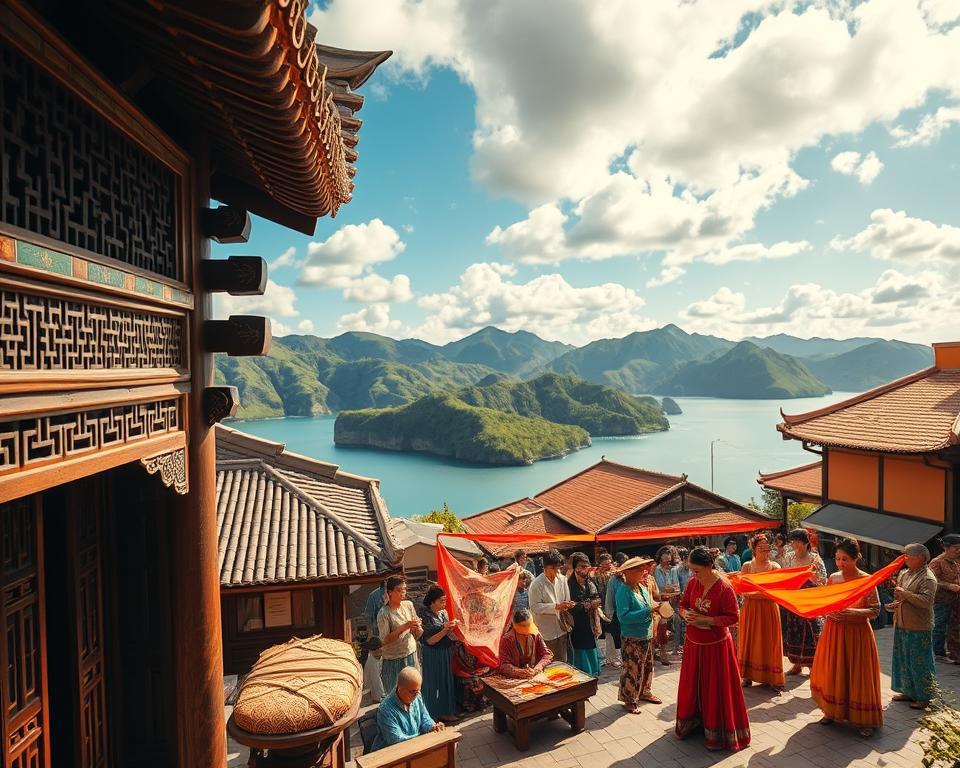 A vibrant cultural scene in Sanya, China, showcasing traditional Hainanese architecture in the foreground, featuring intricate wooden carvings and colorful tiles. In the middle ground, local artisans engage in crafting silk and performing traditional dances, dressed in modest, colorful attire. The background reveals the picturesque coastline of Sanya with green mountains rising against a blue sky, dotted with fluffy white clouds. Soft, golden sunlight casts a warm glow, enhancing the rich colors and creating a welcoming atmosphere. The composition captures the essence of cultural heritage, with a lens focus that highlights the details of craftsmanship, framed from a slight aerial angle to provide depth and context to the bustling cultural life of this coastal city.