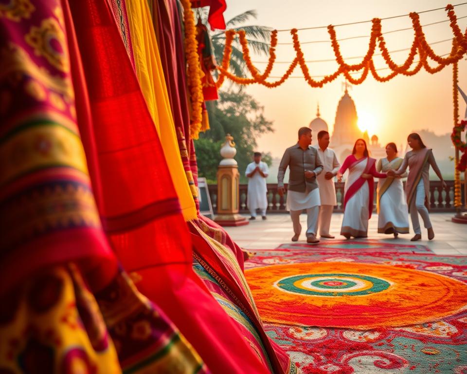 A vibrant depiction of Indian cultural symbolism, focusing on the rich colors associated with various festivals. In the foreground, beautifully arranged traditional Indian textiles featuring intricate patterns in vivid reds, yellows, and blues. The middle ground showcases a celebratory scene with men and women dressed in elegant, modest ethnic attire, joyfully dancing around a colorful rangoli pattern made from powdered colors. In the background, softly illuminated by the golden light of sunset, are iconic elements like a temple and marigold garlands, symbolizing festive occasions. The overall mood is lively and cheerful, capturing the essence of Indian celebrations with a harmonious blend of color and culture. The image is bright, warm, and inviting, evoking a sense of joy and community.