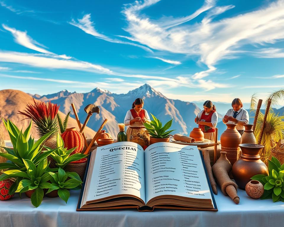 A vibrant depiction of Quechua fundamental concepts, showcasing a beautifully arranged table filled with traditional Peruvian artifacts, such as textiles, pottery, and tools, symbolizing the rich cultural heritage. In the foreground, a stylized open book displays Quechua words and their meanings, surrounded by lush green plants native to the Andean region. In the middle ground, artists dressed in modest traditional clothing engage in weaving and creating handicrafts, immersed in their craft. The background features majestic Andean mountains under a clear blue sky, with wispy clouds enhancing the serene atmosphere. Soft, warm lighting casts gentle shadows, evoking a sense of tranquility and connection to nature. The image should reflect the depth of Quechua culture and language, inviting viewers to explore and understand its significance.
