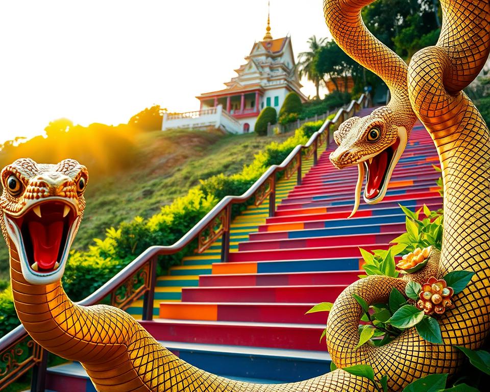 A vibrant depiction of the Naga staircase at Wat Phra That Doi Suthep in Thailand, showcasing the intricately designed serpentine Nagas coiling alongside the steps. The foreground features a beautifully detailed close-up of the Naga figures, adorned with golden scales and ornate decorations, glistening in soft sunlight. In the middle ground, the vibrant staircase spirals upward, bordered by lush greenery typical of the Doi Suthep area, inviting viewers to explore. The background reveals the stunning temple structure perched atop the hill, bathed in warm golden hour light, creating a serene and spiritual atmosphere. Capture this scene from a slightly elevated angle to emphasize both the Naga details and the temple's majestic presence, evoking a sense of wonder and tranquility.