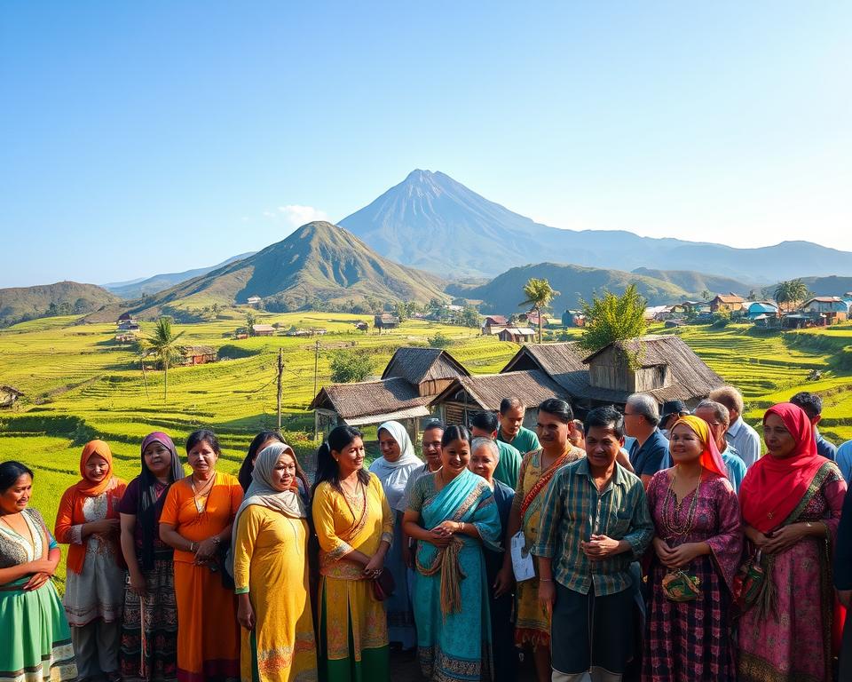 A vibrant depiction of the cultural diversity of Flores Island in Indonesia. In the foreground, a group of diverse individuals dressed in traditional and modest clothing engage in a lively community gathering, showcasing various cultural elements such as woven textiles and traditional crafts. The middle ground features lush green rice terraces and traditional thatched-roof houses, beaming with color and life. In the background, majestic volcanic hills rise under a clear blue sky. Soft, warm natural lighting bathes the scene, evoking a sense of warmth and community spirit. The atmosphere is lively, emphasizing the rich cultural traditions of Flores through vibrant colors and harmonious interactions among the people. The composition captures a wide-angle view, focusing on the essence of life on this beautiful island.