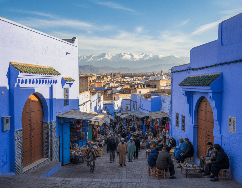A vibrant, detailed overview of Fes, Morocco, showcasing its unique architecture and climatic features. In the foreground, display the iconic blue buildings with intricate tilework and ornate doorways. In the middle, depict a bustling street scene with modestly dressed locals engaging in daily activities, like shopping at a market or sipping tea at a café, under the warm Moroccan sun. In the background, highlight the majestic Atlas Mountains, creating a stunning backdrop that reflects a blue sky with wispy clouds. Use soft, warm lighting to evoke a sense of friendliness and community, with a slight depth of field to draw attention to the foreground while keeping the mountains well-defined. The overall atmosphere should be inviting and informative, perfect for a travel guide illustration.