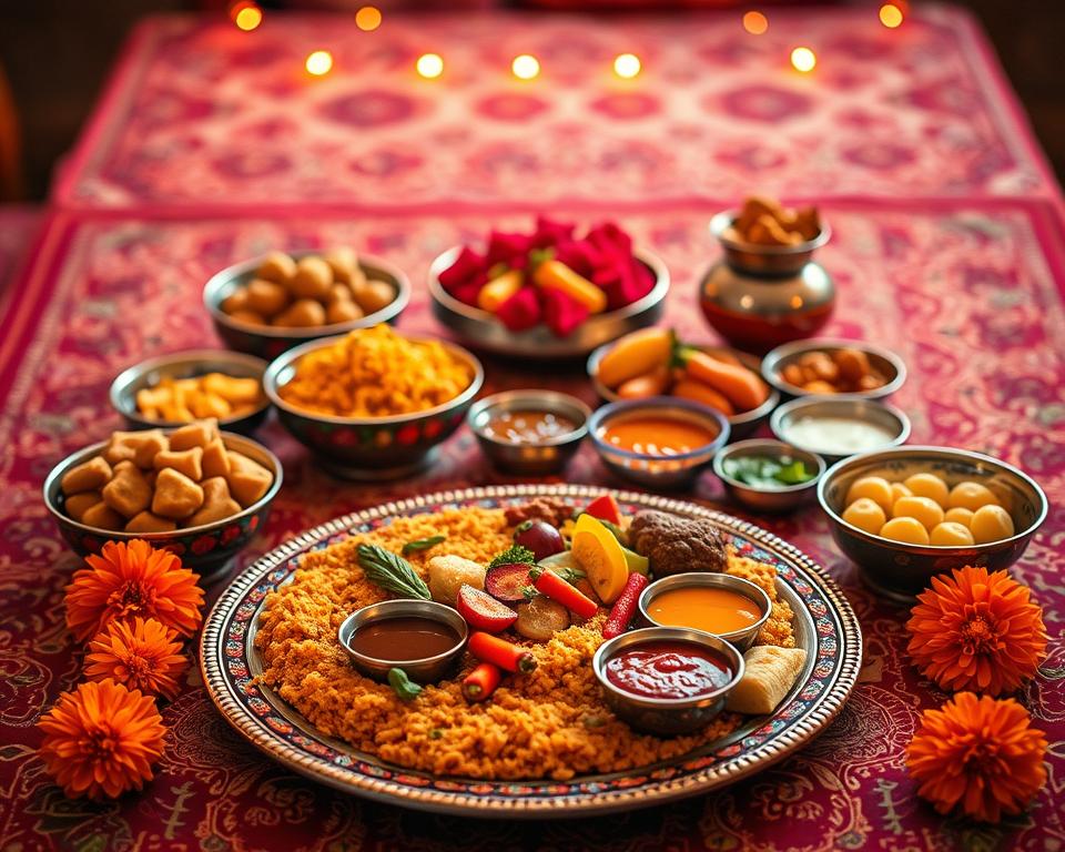 A vibrant display of traditional Hindu festival foods arranged on a decorative table. In the foreground, a beautifully crafted thali with colorful dishes, including biryani, samosas, and various sweets like gulab jamun and jalebi. In the middle ground, bowls filled with fragrant chutneys and fresh fruits are placed alongside vibrant marigold flowers adding a festive touch. The background features an intricately designed tablecloth and dim lights, creating a warm and inviting atmosphere. Soft focus on the edges enhances the central food arrangement. The scene is illuminated by gentle, ambient light, evoking a sense of celebration and community, perfect for illustrating the rich culinary traditions of Hindu festivals.