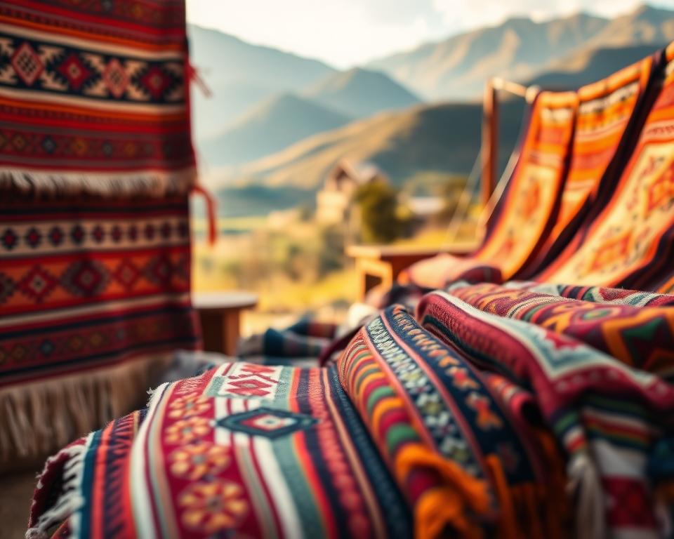 A vibrant display of traditional Peruvian textiles, featuring intricate patterns and rich colors typical of ancient craftsmanship. In the foreground, showcase a variety of textiles including beautifully woven blankets, shawls, and tapestries, displaying motifs inspired by the Andes. In the middle ground, include artisan hands skillfully weaving or dyeing fabrics using natural materials, accentuating the craftsmanship. The background features traditional Peruvian landscapes with the majestic Andes mountains and lush valleys, softly illuminated by golden sunlight, creating a warm and inviting atmosphere. Use a slightly blurred depth of field to emphasize the textiles in the foreground, capturing the meticulous detail of the fibers and colors, evoking a sense of cultural heritage and artistry.