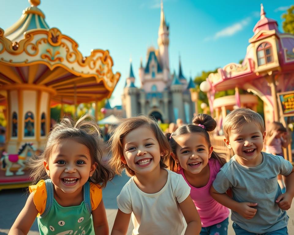 A vibrant, enchanting scene showcasing Disneyland Paris, featuring attractions suitable for young children. In the foreground, joyful children of various ethnicities play and explore, with wide smiles on their faces, dressed in colorful casual clothing. The middle ground includes whimsical rides designed for younger kids, such as a gentle carousel and a soft, spinning tea cup ride, all adorned with fairy-tale decorations and bright colors. In the background, the iconic Sleeping Beauty Castle with its magical spires rises against a clear blue sky, bathed in warm, golden sunlight. Capture the atmosphere of family joy and excitement, focusing on a bright and cheerful ambiance, emphasizing a sense of wonder and imagination. Use a wide-angle lens to create a dynamic composition, evoking a magical moment in time. A vibrant, enchanting scene showcasing Disneyland Paris, featuring attractions suitable for young children. In the foreground, joyful children of various ethnicities play and explore, with wide smiles on their faces, dressed in colorful casual clothing. The middle ground includes whimsical rides designed for younger kids, such as a gentle carousel and a soft, spinning tea cup ride, all adorned with fairy-tale decorations and bright colors. In the background, the iconic Sleeping Beauty Castle with its magical spires rises against a clear blue sky, bathed in warm, golden sunlight. Capture the atmosphere of family joy and excitement, focusing on a bright and cheerful ambiance, emphasizing a sense of wonder and imagination. Use a wide-angle lens to create a dynamic composition, evoking a magical moment in time.