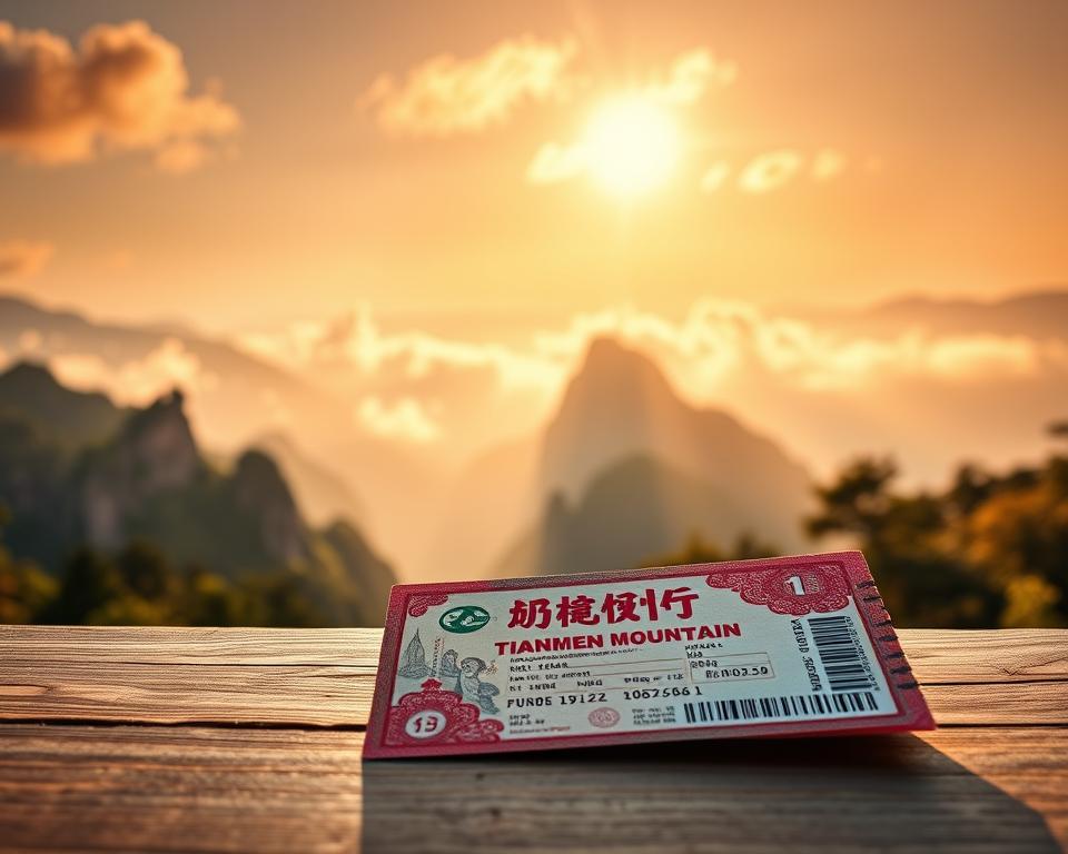 A vibrant, eye-catching image of Tianmen Mountain tickets displayed prominently in the foreground, showcasing intricate designs and colors that reflect Chinese culture. The tickets should have a glossy finish, resting atop a wooden table with a natural texture. In the middle ground, capture a breathtaking view of Tianmen Mountain, with its dramatic cliffs and lush greenery, bathed in warm, golden sunlight filtering through fluffy clouds, creating a serene atmosphere. The background features hints of the surrounding landscape, including distant mountains and trees, slightly blurred to emphasize the tickets in the foreground. Use a soft focus lens effect to enhance the dreamy quality of the scene, suggesting a sense of wonder and excitement, inviting viewers to discover the beauty of this location.