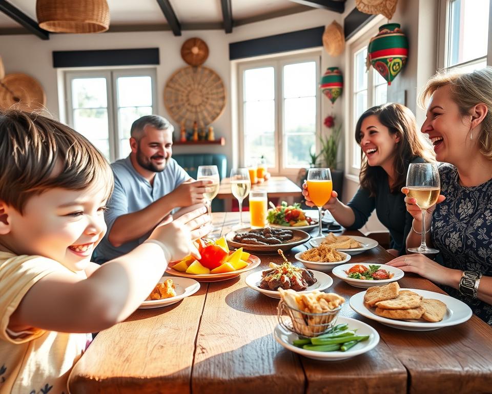 A vibrant family dining scene in a cozy restaurant in Madeira, featuring parents and children enjoying traditional local dishes like espetada (meat skewers) and bolo do caco (garlic bread). In the foreground, a happy child reaches for a colorful plate of fresh fruit, while parents laugh and share a toast with glasses of madeiran wine or fresh juice. The middle ground includes a rustic wooden table adorned with a variety of local snacks, reflecting a warm and inviting atmosphere. Bright sunlight filters in through large windows, casting soft shadows and creating a cheerful ambiance. The backdrop showcases traditional madeiran decor, including woven baskets and colorful ceramics. This scene conveys togetherness, joy, and the exploration of local culinary delights.