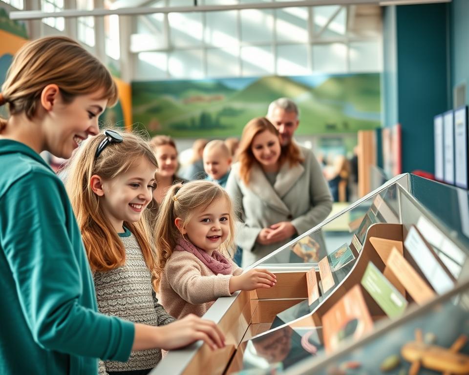 A vibrant family-friendly museum in Ireland showcasing interactive exhibits for children, filled with joyful families exploring together. In the foreground, a couple of children engage with a hands-on science display, their faces lit up with excitement and wonder. In the middle ground, parents are observing and helping their kids, dressed in modest casual clothing, smiling as they share this experience. The background features colorful wall murals depicting Irish culture and history, with informational signs highlighting key exhibits. Soft natural light streams in through large windows, creating a warm and inviting atmosphere. The scene captures a sense of discovery and learning, emphasizing the joy of family outings in a safe, engaging museum setting.