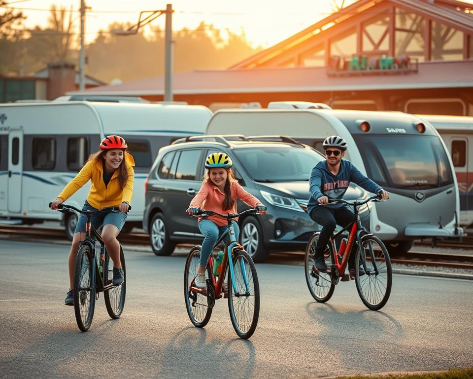 A vibrant family scene depicting various modes of transport ideal for a family adventure. In the foreground, a parents and children are happily riding bicycles, showcasing colorful helmets and matching outfits. The middle ground features a spacious family car parked alongside a caravan, suggesting a road-trip vibe. In the background, a train station is visible with a playful train, emphasizing the excitement of travel. Soft, warm lighting bathes the scene, creating a joyful atmosphere, as if the sun is setting. The composition is captured from a slight low angle to enhance the sense of adventure and connection among the family members. The overall feel is lively and inviting, perfect for reflecting the joys of family travel.