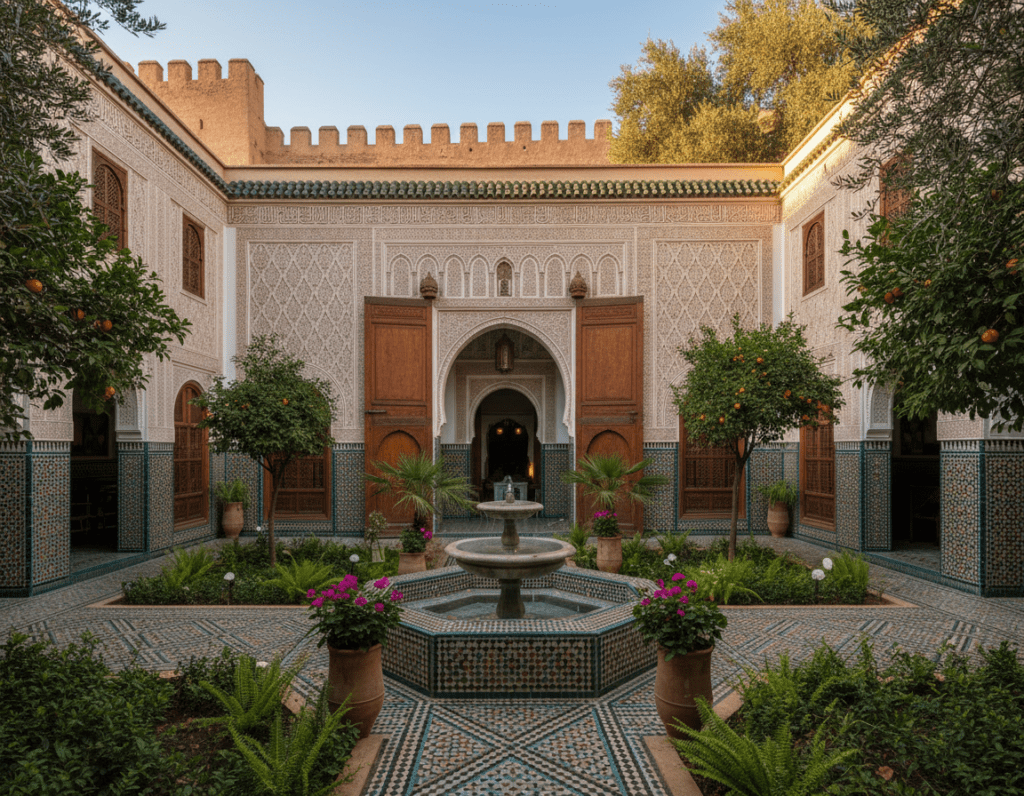 A vibrant image of a traditional Riad in Fes, Morocco, showcasing ornate tile work and intricate stucco designs. In the foreground, a beautifully landscaped courtyard with a tranquil fountain surrounded by lush greenery and blooming flowers creates an inviting atmosphere. In the middle ground, the Riad features arched doorways and colorful ceramic mosaics, indicative of Moroccan artistry. The background captures the ancient walls of Fes, enhanced by soft, warm sunlight filtering through the trees, casting gentle shadows on the tiles. The mood is serene and welcoming, ideal for travelers seeking a unique accommodation experience. Utilize a wide-angle lens to capture the depth and layers of this enchanting space.
