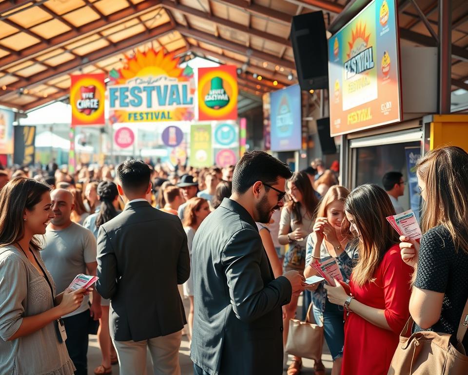 A vibrant, inviting scene depicting a bustling festival ticket booth in an open-air environment. In the foreground, diverse individuals in smart casual attire engage excitedly with friendly ticket agents, examining colorful festival tickets. The middle ground features a beautifully decorated booth adorned with bright banners showcasing iconic festival logos. In the background, a dazzling crowd enjoying live music, with colorful lights and decorations creating a lively atmosphere. Warm, bright lighting suggests a sunny day, casting playful shadows. Use a wide-angle lens to enhance the sense of space and excitement, capturing the essence of festival planning. The overall mood is energetic, joyful, and anticipatory, ideal for illustrating the excitement of securing festival tickets. A vibrant, inviting scene depicting a bustling festival ticket booth in an open-air environment. In the foreground, diverse individuals in smart casual attire engage excitedly with friendly ticket agents, examining colorful festival tickets. The middle ground features a beautifully decorated booth adorned with bright banners showcasing iconic festival logos. In the background, a dazzling crowd enjoying live music, with colorful lights and decorations creating a lively atmosphere. Warm, bright lighting suggests a sunny day, casting playful shadows. Use a wide-angle lens to enhance the sense of space and excitement, capturing the essence of festival planning. The overall mood is energetic, joyful, and anticipatory, ideal for illustrating the excitement of securing festival tickets.