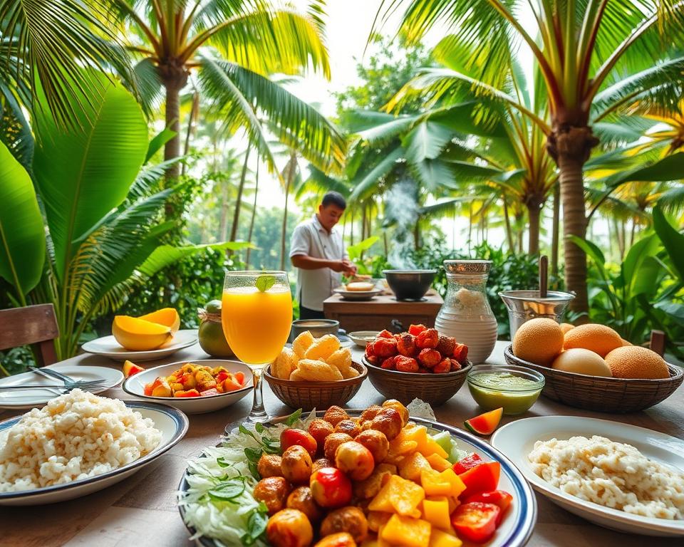 A vibrant, inviting scene showcasing a culinary feast on Langkawi Island. In the foreground, a beautifully arranged table is laden with traditional Malaysian dishes, including Nasi Lemak, Satay skewers, and fresh tropical fruits like Mangosteen and Rambutan. A glass of vibrant tropical juice accompanies the meal. In the middle ground, local chefs in modest casual attire prepare dishes on a traditional wooden stove, adding an authentic touch. Lush greenery and palm trees form the background, with soft, dappled sunlight filtering through the leaves, creating a warm and inviting atmosphere. The scene captures the essence of culinary exploration and island paradise, evoking a sense of joy and discovery. Shot with a wide angle to encompass both food and lively ambiance.