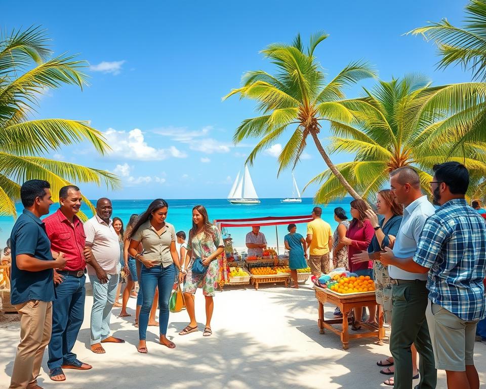 A vibrant island community scene depicting diverse people interacting harmoniously on a sandy beach surrounded by lush green palm trees. In the foreground, a small group of men and women in professional casual attire are engaged in friendly conversation, with smiles and open postures, symbolizing integration and community spirit. The middle ground features a colorful market stall with island crafts and fresh fruits, where locals and newcomers eagerly share stories. In the background, clear blue waters meet a sunny sky, with a few sailboats gently drifting. The lighting is warm and inviting, capturing the essence of a perfect day on the island, creating a sense of unity and belonging. The composition utilizes a wide-angle lens to encapsulate the lively atmosphere, emphasizing the joy of community life on a picturesque island.
