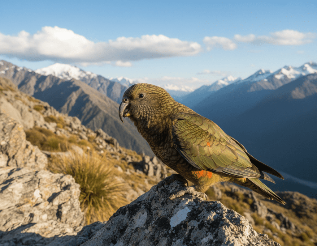 A vibrant kea, the alpine parrot of New Zealand, perched gracefully on a rugged mountain ledge, showcasing its olive green feathers and distinctive orange underwings. The foreground features the kea in sharp focus, its curious eyes glinting in the sunlight, with its beak slightly open, revealing its playful personality. In the middle ground, the rocky terrain is dotted with sparse alpine vegetation, while the background captures the majestic Southern Alps under a bright blue sky, with fluffy white clouds scattered throughout. The scene is bathed in warm, natural light, creating a cheerful and inviting atmosphere. The vantage point is slightly low, emphasizing the kea's impressive stature against the grand landscape, evoking a sense of wonder and adventure.