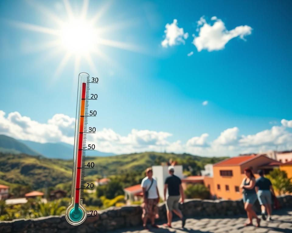 A vibrant landscape featuring a warm, sunny day on the Canary Islands, showcasing a temperature comparison between the islands. In the foreground, display a colorful thermometer with numeric readings, symbolizing warmth. The middle ground should include lush, green hills and typical Canarian architecture, with a few tourists in modest casual clothing enjoying the weather, contrasting different island vibes. The background should feature a clear blue sky with occasional fluffy clouds, highlighting the sun radiating warmth over the scenery. Use soft, natural lighting to enhance the inviting atmosphere, captured from a slightly elevated angle to provide depth and context. The overall mood is cheerful and relaxed, emphasizing the warmth and inviting nature of the islands.