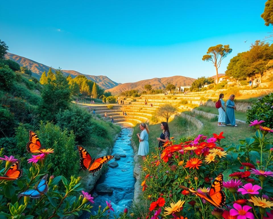 A vibrant landscape featuring the stunning Schmetterlingstal (Butterfly Valley) in Rhodes, Greece, capturing the beauty of lush greenery and delicate butterflies fluttering about. In the foreground, detail colorful butterflies resting on vibrant flowers, with a serene stream meandering through the scene. The middle ground reveals terraced walkways with visitors dressed in modest casual clothing, admiring the natural beauty. In the background, soft, sunlit hills rise under a clear blue sky, enhancing the tranquil atmosphere. Use soft, warm lighting to evoke a peaceful midday vibe, with the sun filtering through the trees, creating dappled light patterns. Focus with a standard lens to preserve depth and clarity throughout the scene, emphasizing the paradise-like quality of this hidden gem.