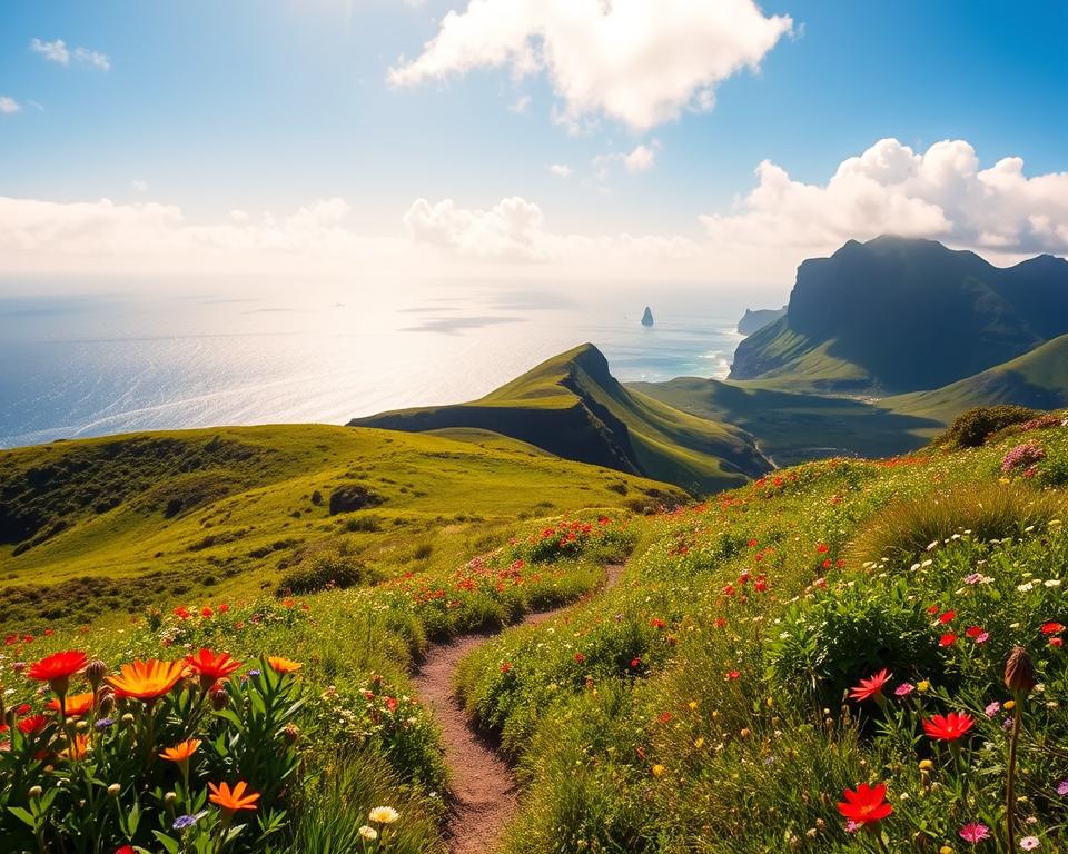 A vibrant landscape of Madeira during springtime, showcasing the island's stunning natural beauty. In the foreground, lush green hills dotted with colorful wildflowers under a bright, sunny sky. A winding path leads through the vibrant flora, inviting viewers to explore. The middle ground features majestic volcanic cliffs rising steeply from the coastline, creating a dramatic backdrop against the shimmering blue Atlantic Ocean. In the background, white fluffy clouds drift lazily across the horizon. Soft, warm sunlight bathes the entire scene, casting gentle shadows and highlighting the rich colors of nature. The atmosphere is serene and inviting, capturing the essence of Madeira as a year-round paradise with mild temperatures. Use a wide-angle lens to emphasize the vastness of the landscape. A vibrant landscape of Madeira during springtime, showcasing the island's stunning natural beauty. In the foreground, lush green hills dotted with colorful wildflowers under a bright, sunny sky. A winding path leads through the vibrant flora, inviting viewers to explore. The middle ground features majestic volcanic cliffs rising steeply from the coastline, creating a dramatic backdrop against the shimmering blue Atlantic Ocean. In the background, white fluffy clouds drift lazily across the horizon. Soft, warm sunlight bathes the entire scene, casting gentle shadows and highlighting the rich colors of nature. The atmosphere is serene and inviting, capturing the essence of Madeira as a year-round paradise with mild temperatures. Use a wide-angle lens to emphasize the vastness of the landscape.