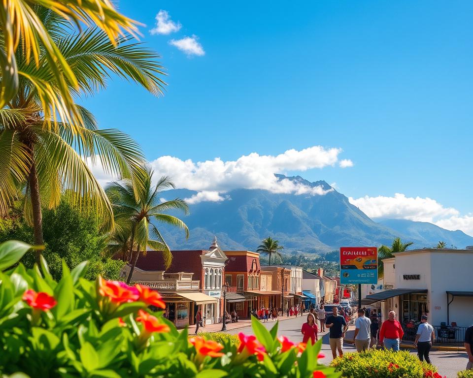 A vibrant landscape of Port Louis, Mauritius during the best travel season, showcasing a sunny day. In the foreground, lush tropical greenery with colorful flowers, perhaps a palm tree gently swaying. The middle ground features the bustling streets of Port Louis, dotted with stylish buildings and local shops, and people in modest casual clothing enjoying the lively atmosphere. In the background, the dramatic silhouette of the Moka mountain range under a clear blue sky, accented by soft, fluffy clouds. The lighting is bright and warm, casting soft shadows that enhance the cheerful ambiance. The scene captures the essence of a perfect day in Port Louis, evoking a sense of adventure and tranquility.