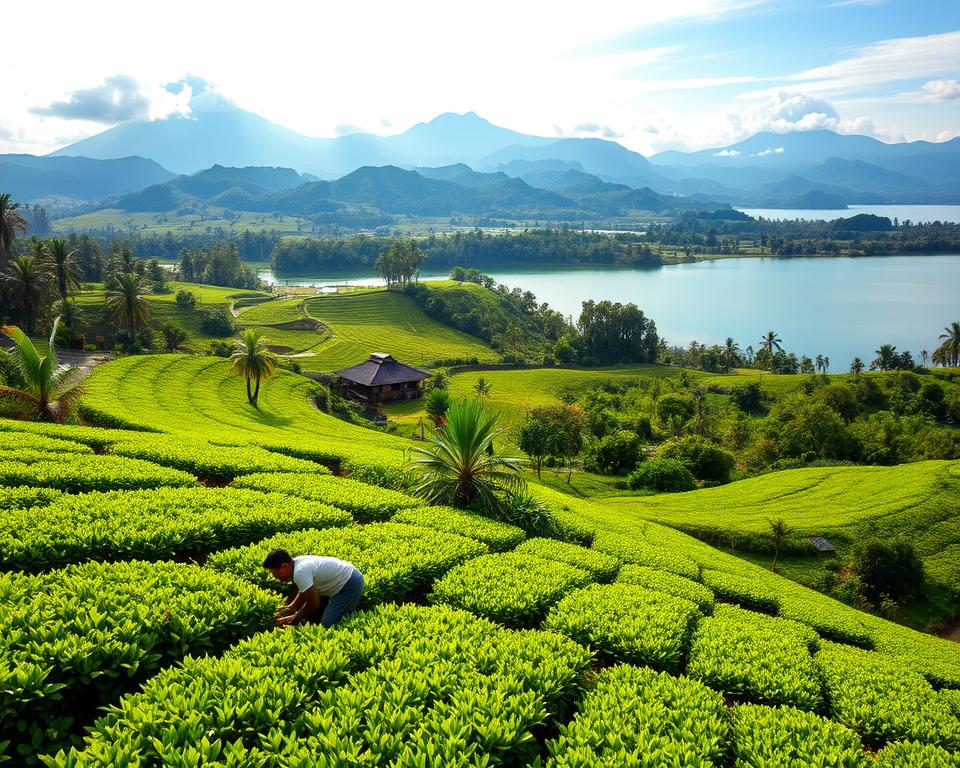 A vibrant landscape showcasing the agricultural methods around Tobasee Lake in Sumatra, Indonesia. In the foreground, lush green tea plantations, meticulously arranged in terraces, with workers in modest casual clothing tending to the rows of vibrant tea plants. The middle ground features diverse crops such as rice paddies and coffee bushes, interspersed with local flora. In the background, the stunning volcanic mountains frame the scene, partially shrouded in mist. Soft, diffused natural light cascades over the landscape, reflecting a serene early morning ambiance. A wide-angle perspective captures the extensive fields and the magnificent lake shimmering under the sunlight, evoking a sense of harmony between nature and agriculture. A vibrant landscape showcasing the agricultural methods around Tobasee Lake in Sumatra, Indonesia. In the foreground, lush green tea plantations, meticulously arranged in terraces, with workers in modest casual clothing tending to the rows of vibrant tea plants. The middle ground features diverse crops such as rice paddies and coffee bushes, interspersed with local flora. In the background, the stunning volcanic mountains frame the scene, partially shrouded in mist. Soft, diffused natural light cascades over the landscape, reflecting a serene early morning ambiance. A wide-angle perspective captures the extensive fields and the magnificent lake shimmering under the sunlight, evoking a sense of harmony between nature and agriculture.
