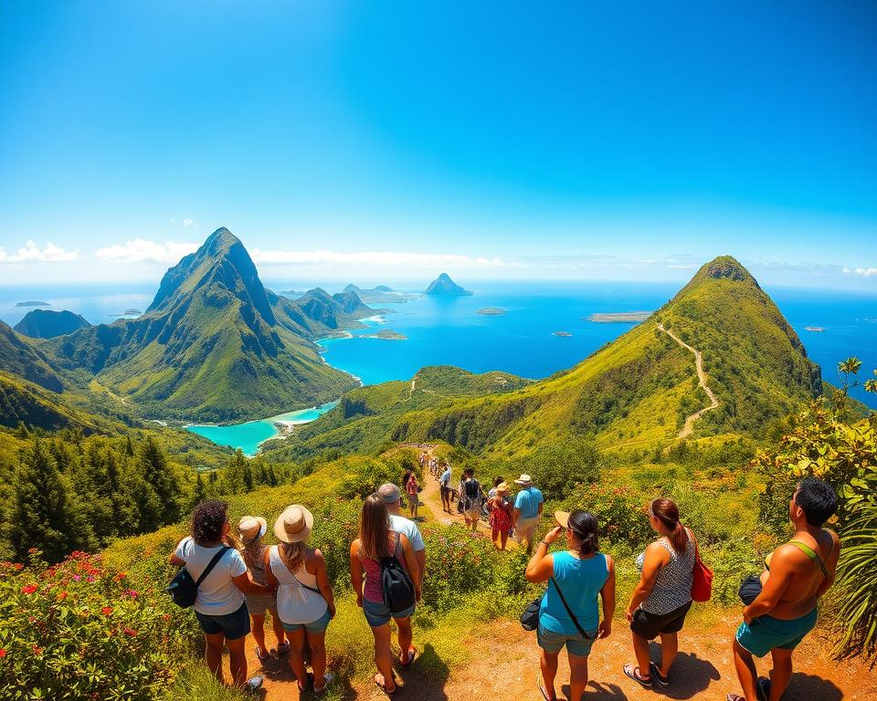 A vibrant landscape showcasing the stunning excursions from Port Louis, Mauritius. In the foreground, a diverse group of tourists in modest casual clothing explore local flora while standing near a tranquil beach. In the middle ground, lush green mountains rise dramatically, dotted with colorful wildflowers, and a winding hiking trail leading up towards the peaks. The background features the sparkling blue sea, with nearby islands visible on the horizon under a clear, sunny sky. The scene is bathed in warm, golden sunlight that creates a cheerful and inviting atmosphere. Use a wide-angle lens effect to emphasize the expansive beauty of the landscape, ensuring an immersive experience that captures the essence of adventure and nature's splendor.