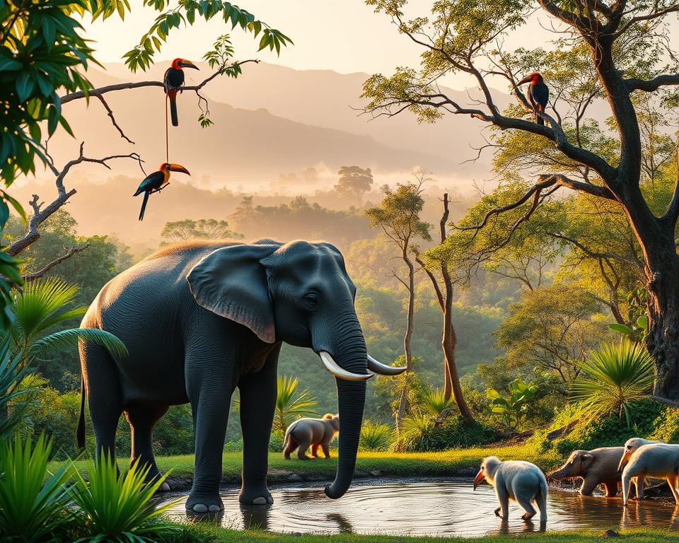 A vibrant, lush scene depicting the diverse wildlife of Khao Yai National Park in Thailand. In the foreground, a majestic elephant stands calmly by a waterhole, surrounded by tropical greenery. In the middle ground, a variety of animals such as playful gibbons swinging from branches, and colorful birds like hornbills perched on trees. The background showcases a dense forest with misty mountains rising in the distance, bathed in soft, warm light of early morning, creating a serene and mystical atmosphere. Employ a wide-angle perspective to capture the expansive ecosystem. The overall mood is tranquil and rich with life, inviting viewers to experience the wonder of nature. A vibrant, lush scene depicting the diverse wildlife of Khao Yai National Park in Thailand. In the foreground, a majestic elephant stands calmly by a waterhole, surrounded by tropical greenery. In the middle ground, a variety of animals such as playful gibbons swinging from branches, and colorful birds like hornbills perched on trees. The background showcases a dense forest with misty mountains rising in the distance, bathed in soft, warm light of early morning, creating a serene and mystical atmosphere. Employ a wide-angle perspective to capture the expansive ecosystem. The overall mood is tranquil and rich with life, inviting viewers to experience the wonder of nature.