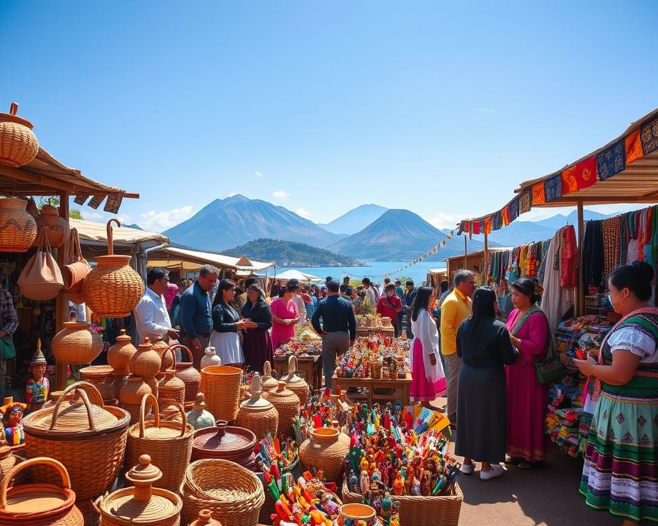 A vibrant market scene at Lago Atitlán, filled with colorful hand-crafted souvenirs and textiles. In the foreground, a variety of woven baskets, intricate pottery, and vibrant hand-painted wooden figures. Artisans, dressed in modest traditional clothing, interact with visitors, showcasing their crafts. In the middle ground, stalls adorned with brightly colored fabrics and handmade jewelry create a lively marketplace atmosphere. The background features the breathtaking volcanic landscape of Lago Atitlán under a clear blue sky. Soft, warm lighting envelops the scene, enhancing the rich colors of the handmade products. The mood is inviting and festive, capturing the essence of authentic shopping by the lake, perfect for an immersive cultural experience.
