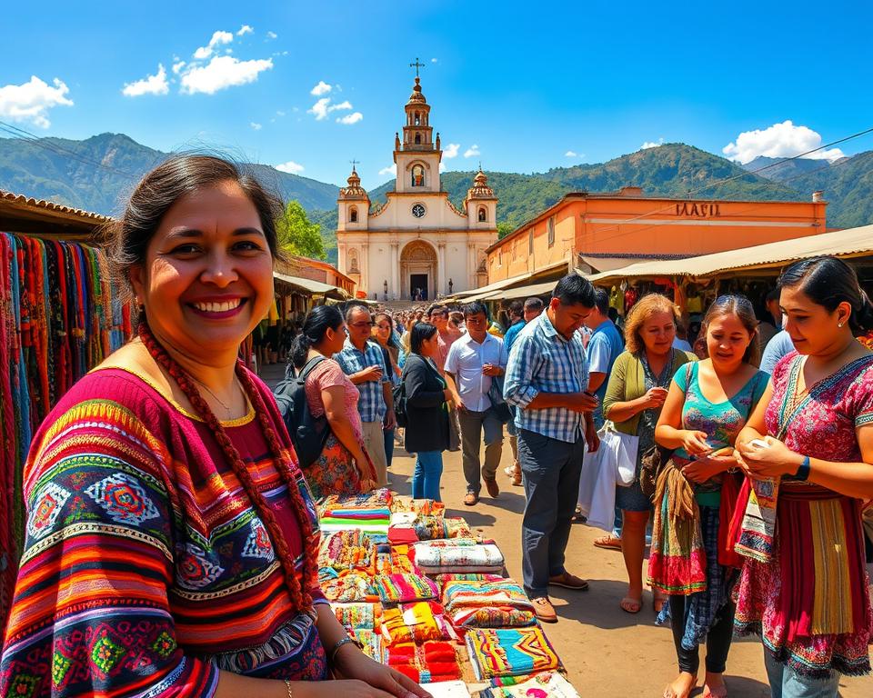 A vibrant marketplace in Chichicastenango, Guatemala, bustling with life. In the foreground, a local vendor showcases handmade textiles and crafts, wearing traditional Guatemalan attire, smiling warmly at visitors. The middle ground features diverse travelers engaging with locals, admiring colorful goods and buying sustainably sourced products. The background reveals the iconic church and lush mountains under a clear blue sky, bathed in warm, golden sunlight that creates an inviting, joyful atmosphere. Capture the essence of sustainable travel, highlighting a connection between tourists and the community. Use a wide-angle lens to emphasize the lively scene, ensuring rich colors and dynamic interactions among people while maintaining a crisp focus on the crafts and local culture.