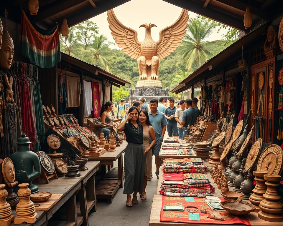 A vibrant marketplace scene at Garuda Wisnu Kencana Culture Park, showcasing an array of intricate Balinese crafts and souvenirs. In the foreground, hand-carved wooden statues, beautiful textiles, and traditional masks are displayed on rustic wooden tables. The middle ground features a small group of visitors, dressed in modest casual attire, admiring the crafts and engaging with friendly artisans. In the background, majestic views of the large Garuda Wisnu Kencana statue and lush greenery enhance the cultural atmosphere. Soft, warm lighting bathes the scene, creating an inviting and lively environment, while a slight aerial perspective captures the bustling energy of the market. The mood is cheerful and engaging, reflecting a vibrant cultural experience. A vibrant marketplace scene at Garuda Wisnu Kencana Culture Park, showcasing an array of intricate Balinese crafts and souvenirs. In the foreground, hand-carved wooden statues, beautiful textiles, and traditional masks are displayed on rustic wooden tables. The middle ground features a small group of visitors, dressed in modest casual attire, admiring the crafts and engaging with friendly artisans. In the background, majestic views of the large Garuda Wisnu Kencana statue and lush greenery enhance the cultural atmosphere. Soft, warm lighting bathes the scene, creating an inviting and lively environment, while a slight aerial perspective captures the bustling energy of the market. The mood is cheerful and engaging, reflecting a vibrant cultural experience.