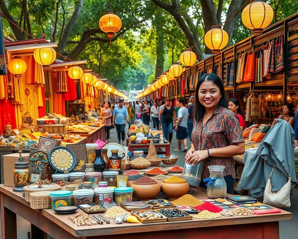 A vibrant marketplace scene in Jakarta showcasing an array of eclectic souvenirs and local treasures. In the foreground, a wooden table adorned with intricate handcrafted trinkets, batik fabrics, and colorful spices. To the side, a friendly local vendor in modest casual clothing, enthusiastically presenting unique items. The middle ground features rows of market stalls draped with colorful fabrics and hanging lanterns that emit warm, inviting light. The background captures the lively atmosphere of bustling shoppers exploring the vibrant market, with lush tropical greenery framing the scene. The golden hour sunlight casts a soft glow, enhancing the rich colors and textures of the various artifacts. The overall mood is cheerful and inviting, encapsulating the essence of local culture and heritage.