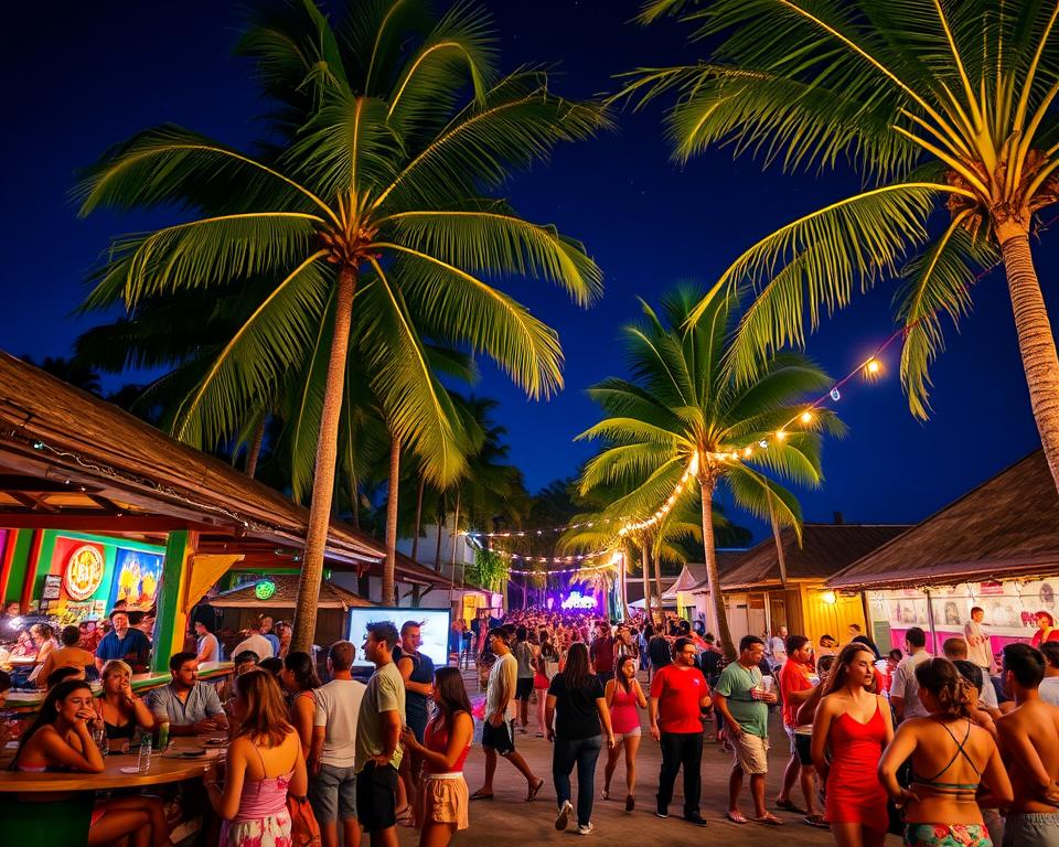 A vibrant night scene in Montezuma, Costa Rica, showcasing lively nightlife and entertainment. In the foreground, a colorful beach bar bustling with patrons enjoying drinks, with people dressed in casual summer attire. In the middle ground, a street filled with various performers showcasing live music and dance, with warm, ambient lighting adding a festive atmosphere. The background features palm trees swaying in the gentle breeze, illuminated by string lights overhead. The sky is a deep indigo, scattered with stars, enhancing the lively yet relaxed mood. Capture the scene from a slightly elevated angle, using a wide lens to encompass the dynamic energy of the night. The overall atmosphere is inviting and playful, embodying the charm of Montezuma's nightlife.
