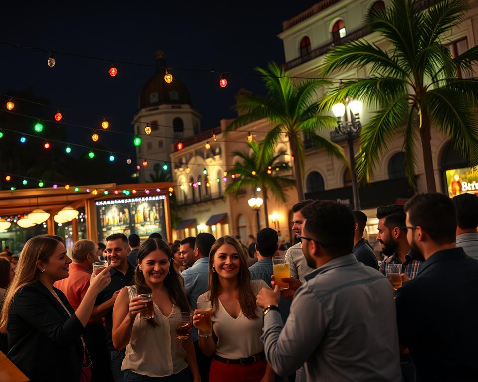 A vibrant nightlife scene in Buenos Aires during a lively evening, featuring a stylish outdoor bar with patrons enjoying drinks. In the foreground, a diverse group of people dressed in smart casual attire raises their glasses, sharing laughter and conversation. The middle ground showcases colorful string lights illuminating the venue, creating a warm and inviting atmosphere. In the background, the iconic architecture of Buenos Aires, with colonial-style buildings and palm trees, is softly lit by the glow of street lamps. The scene is captured at a slight angle, with a focus on warmth, camaraderie, and safety, reflecting a joyful, yet secure night out in this lively city. The lighting should be soft and ambient, evoking a friendly and welcoming vibe.