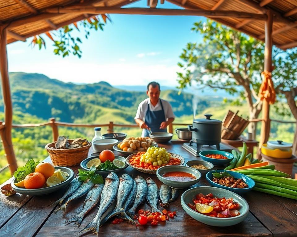 A vibrant, open-air kitchen scene showcasing the culinary culture of Flores Island, Indonesia. In the foreground, a wooden table is adorned with a colorful spread of traditional dishes, such as grilled fish, spicy sauces, and fresh tropical fruits. In the middle, a local chef, dressed in modest casual clothing, skillfully prepares ingredients using fresh herbs and spices, while aromatic steam rises from a pot on a rustic stove. The background features lush green hills and a bright blue sky, capturing the island's natural beauty. Soft, warm lighting filters through trees, creating a welcoming and inviting atmosphere. The angle is slightly elevated, providing a panoramic view of the kitchen and surrounding landscape, emphasizing the harmony between culinary practices and nature.