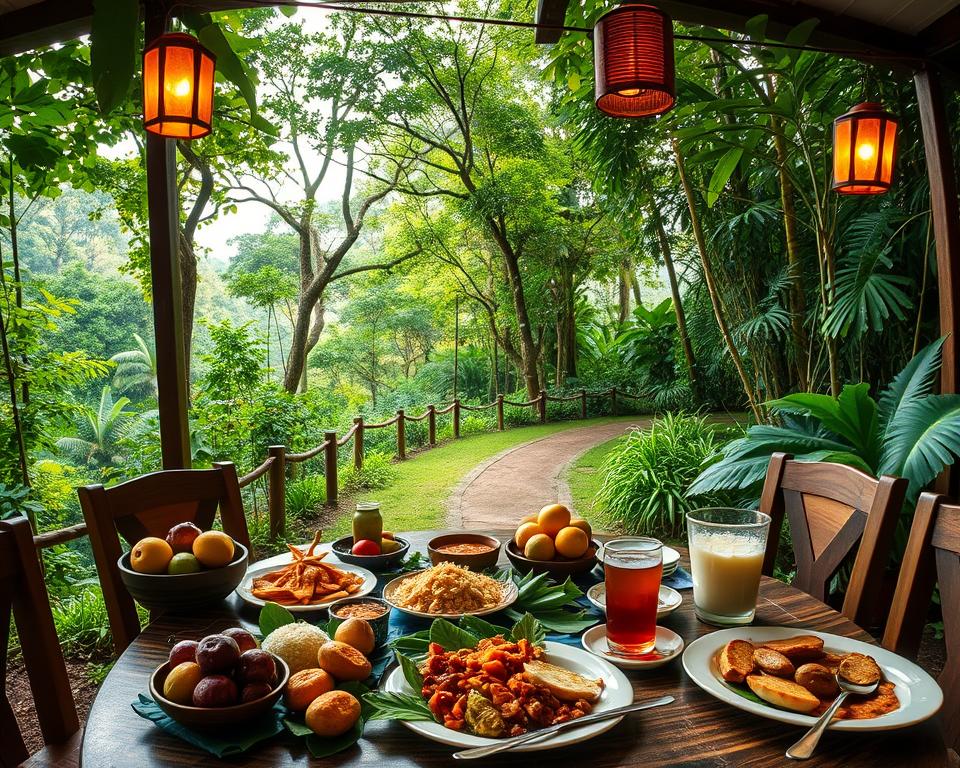 A vibrant outdoor dining scene in Sepilok, Malaysia, capturing the essence of local culinary experiences. In the foreground, a beautifully arranged table features an array of traditional Malaysian dishes, such as nasi lemak and rendang, surrounded by tropical fruits like mangosteen and rambutans. The middle ground showcases lush greenery, with a gentle meandering path leading to the table, adorned with decorative lanterns that add a warm glow. In the background, the dense rainforest is bathed in soft, dappled sunlight filtering through the leaves, creating a serene atmosphere. The image should have a slightly elevated angle, emphasizing the food and the inviting ambiance while invoking a sense of adventure and tranquility.