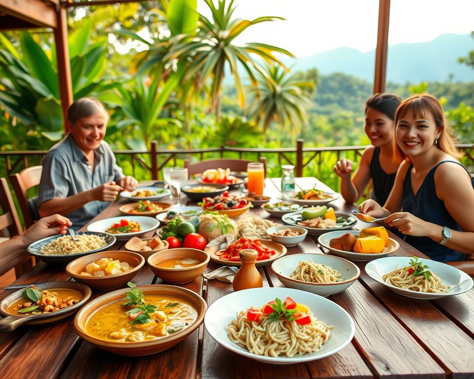 A vibrant outdoor dining scene set in Khao Yai, Thailand, showcasing a traditional Thai feast. In the foreground, a beautifully arranged wooden table laden with colorful dishes, including green curry, pad thai, and fresh fruits, with garnishes of herbs. A few diners in modest casual clothing are engaging with their meals, smiling and enjoying the atmosphere. In the middle ground, lush tropical greenery and a glimpse of the Khao Yai mountains provide a scenic backdrop, hinting at the natural beauty surrounding the dining experience. The composition captures warm, golden lighting of the late afternoon sun, creating a welcoming and lively mood. The image should evoke a sense of cultural richness and culinary delight without any text or overlays. A vibrant outdoor dining scene set in Khao Yai, Thailand, showcasing a traditional Thai feast. In the foreground, a beautifully arranged wooden table laden with colorful dishes, including green curry, pad thai, and fresh fruits, with garnishes of herbs. A few diners in modest casual clothing are engaging with their meals, smiling and enjoying the atmosphere. In the middle ground, lush tropical greenery and a glimpse of the Khao Yai mountains provide a scenic backdrop, hinting at the natural beauty surrounding the dining experience. The composition captures warm, golden lighting of the late afternoon sun, creating a welcoming and lively mood. The image should evoke a sense of cultural richness and culinary delight without any text or overlays.