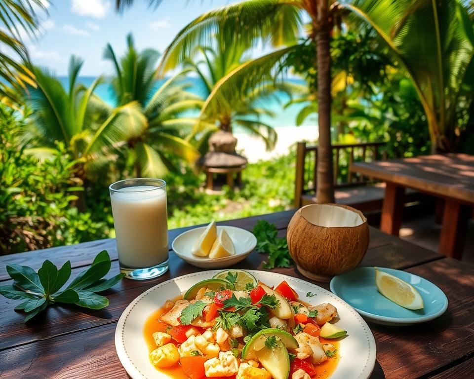 A vibrant outdoor dining scene set in Tayrona National Park, featuring traditional Colombian dishes artfully arranged on a rustic wooden table. In the foreground, a colorful plate of fresh fish ceviche garnished with lime, avocado, and cilantro takes center stage, alongside a refreshing coconut drink served in a coconut shell. The middle ground showcases lush tropical foliage and a backdrop of the stunning coastal landscape, where palm trees sway gently in the breeze. Soft sunlight filters through the trees, casting dappled shadows on the table. In the background, the azure waters of the Caribbean Sea meet the sandy shores, creating a serene yet inviting atmosphere. The mood is warm and inviting, encouraging exploration of the local cuisine in this natural paradise.