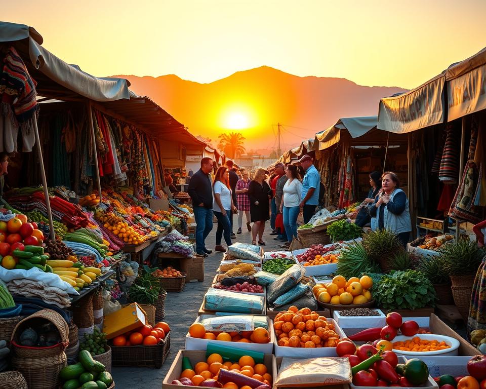 A vibrant outdoor market scene in Baja California Norte, showcasing various local foods and crafts. In the foreground, colorful stalls are piled high with fresh produce, handmade textiles, and artisanal goods, capturing the essence of affordability. The middle ground features a diverse group of people, dressed in modest, casual clothing, engaging in friendly conversation while examining the items for sale. In the background, the sun sets over the Sierra de Juárez mountains, casting warm golden light across the landscape, creating an inviting atmosphere. The overall mood is lively and communal, emphasizing budget-friendly exploration and the rich cultural experience of Baja California Norte. The composition is framed using a slight low-angle perspective, enhancing the visual depth and vibrancy of the scene while maintaining a focus on the market's charm.