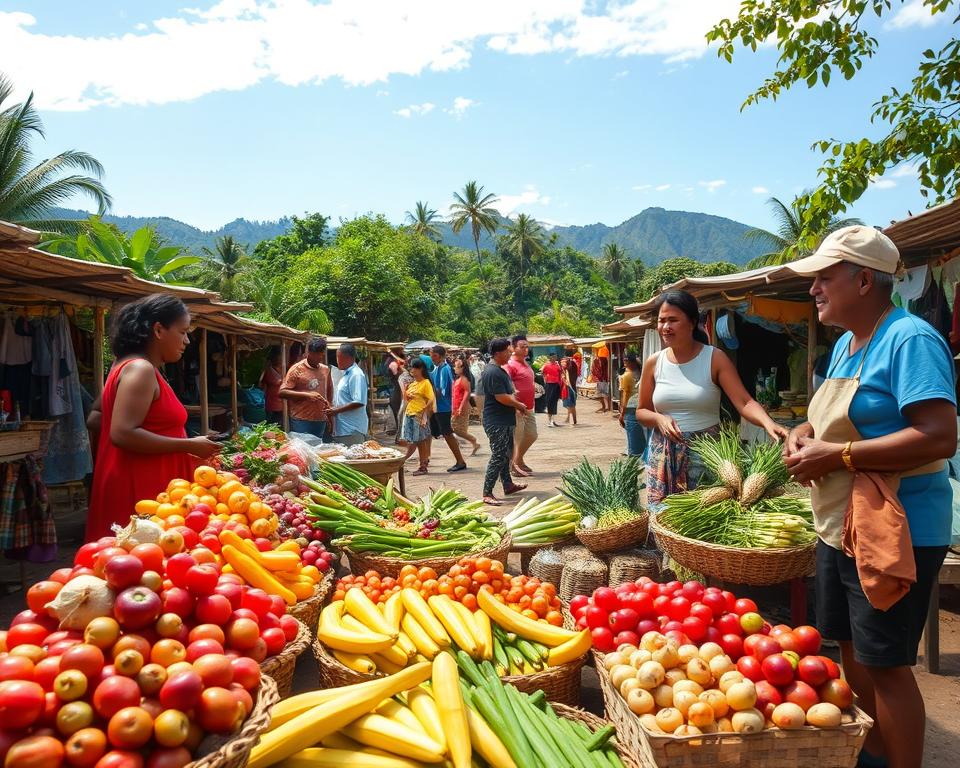 A vibrant outdoor market scene in Essen, Papua New Guinea, bustling with activity. In the foreground, a variety of colorful local fruits and vegetables are displayed on woven mats, showcasing the rich agricultural heritage of the region. Vendors, dressed in modest casual clothing, engage with customers, their faces filled with warmth and hospitality. In the middle ground, clusters of people gather, exploring the stalls filled with traditional PNG dishes and handmade artisanal goods. The background features lush greenery typical of Papua New Guinea, with a canopy of tropical trees and distant mountains under a bright blue sky. Soft, natural lighting enhances the warm, inviting atmosphere, while a shallow depth of field draws attention to the vivid colors and textures of the market.