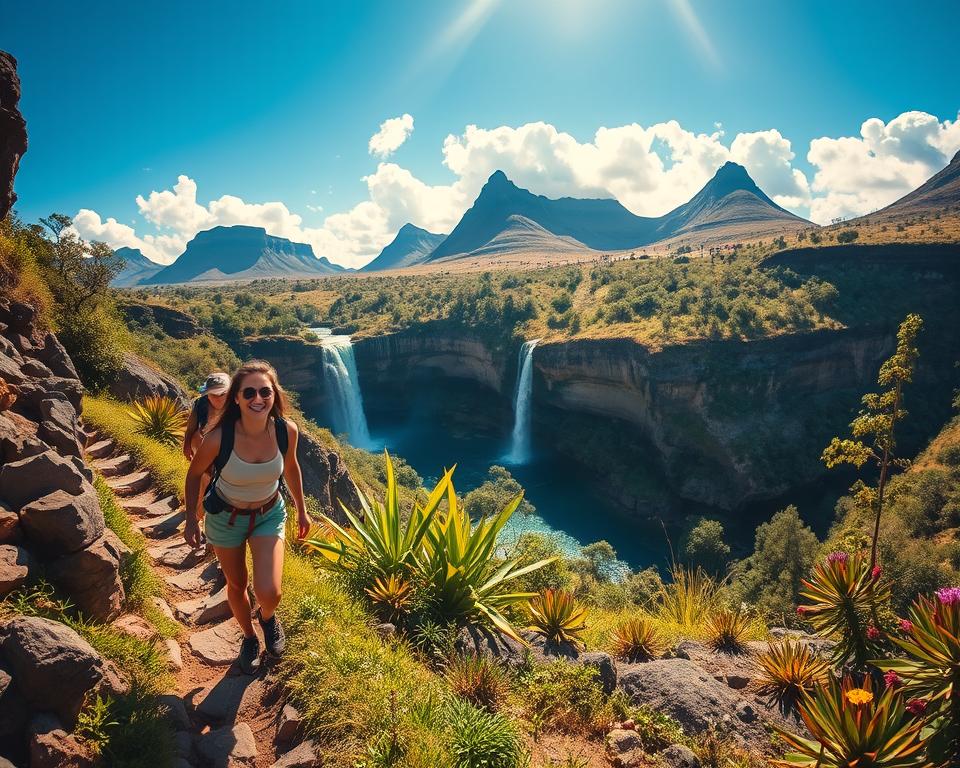 A vibrant outdoor scene in Chapada Diamantina, Brazil, showcasing a variety of adventurous activities. In the foreground, two hikers in modest casual clothing are joyfully trekking along a rugged trail lined with unique rock formations and lush green flora. The middle ground features a breathtaking waterfall cascading down a cliff into a crystal-clear pool, surrounded by tropical plants and colorful wildflowers. In the background, the iconic flat-topped mountains rise under a bright blue sky with fluffy white clouds, bathed in warm sunlight. The atmosphere is invigorating and filled with a sense of adventure and exploration. Use a wide-angle lens to capture the expansive landscape with a focus on natural light illuminating the scene, creating a lively and inviting mood.