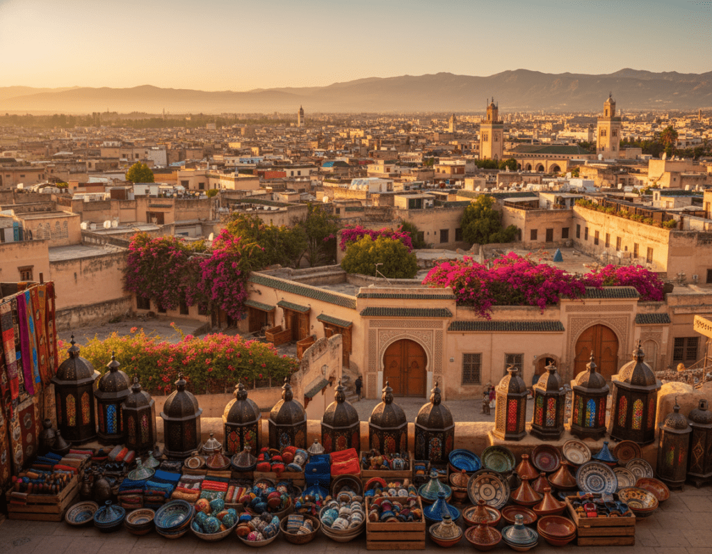 A vibrant, panoramic view of the historic city of Fes, Morocco, focusing on the intricate architectural beauty of the medina. In the foreground, ornate traditional Moroccan lanterns hang from a bustling market stall, filled with colorful textiles and pottery. In the middle ground, the famous bougainvillea-clad buildings and embellished doorways showcase the artistry of the city. The background reveals the stunning skyline, highlighted by the iconic minarets and the dramatic backdrop of the Atlas Mountains under a soft golden sunset. The lighting casts warm tones, creating an inviting mood that reflects the rich cultural history of Fes. Capture the scene from a slightly elevated angle, emphasizing depth and detail.