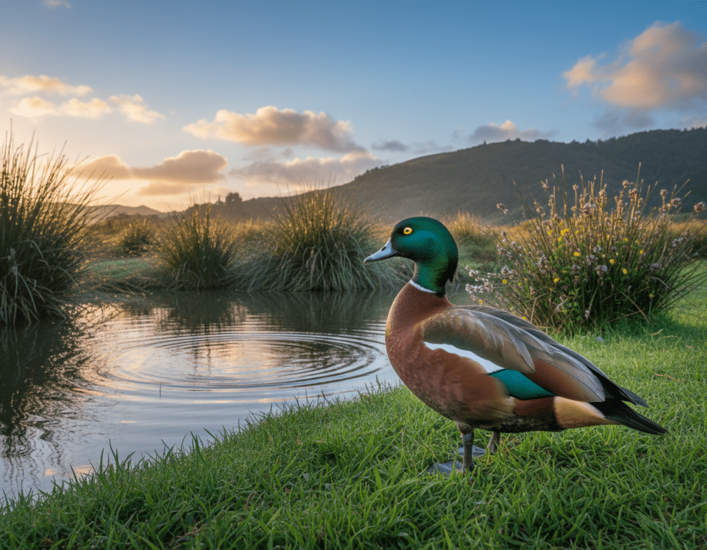 A vibrant paradise duck standing gracefully on lush green grass near a tranquil water's edge. The foreground features the duck in sharp detail, showcasing its distinctive bold color patterns with iridescent greens and rich chestnut hues. In the middle ground, softly blurred reeds and gentle ripples in the water create a serene backdrop, while a few wildflowers add pops of color. The background includes a soft-focus view of distant hills under a bright blue sky scattered with fluffy white clouds. The image is illuminated by warm, natural sunlight, creating a peaceful and inviting atmosphere, as if capturing a moment in nature's tranquility at dawn. The angle is slightly low, emphasizing the beauty of the duck against the vibrant landscape.