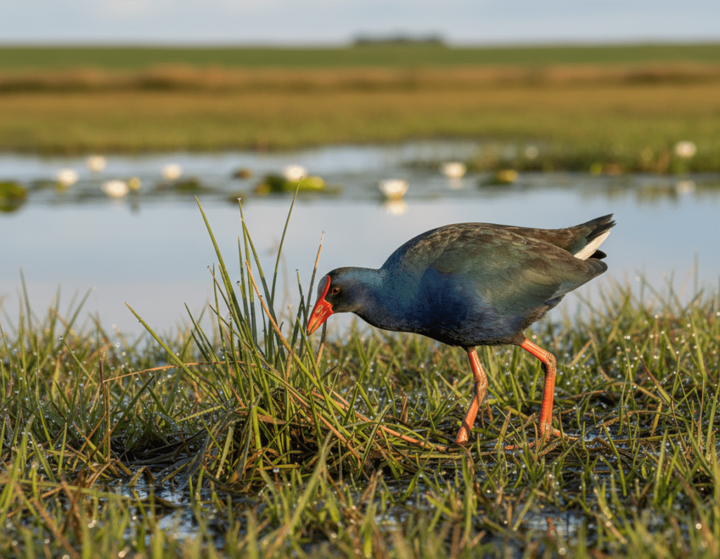 A vibrant pukeko bird stands in the foreground of a lush wetland, showcasing its striking blue and green plumage, with bright red facial features and long, slender legs. The bird is depicted foraging among reeds and tall grasses, with droplets of water glistening on the leaves. In the middle ground, a shimmering expanse of water reflects the clear skies, dotted with lily pads and surrounded by wetland vegetation. The background reveals a soft-focus landscape of distant fields, gently rolling under the warm, golden light of late afternoon. The scene conveys a peaceful, serene atmosphere, inviting viewers to appreciate the beauty of this colorful New Zealand bird in its natural habitat.