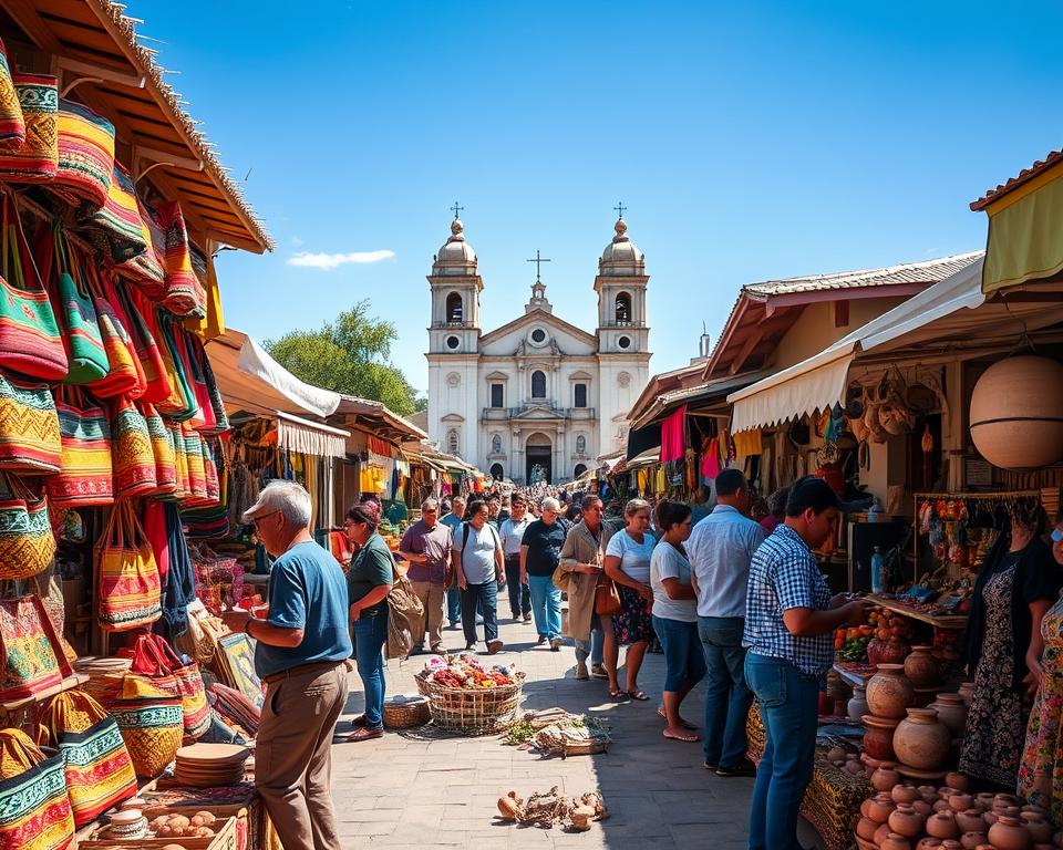 A vibrant scene at Markt Chichicastenango, filled with colorful market stalls showcasing traditional textiles, handmade crafts, and fresh produce. In the foreground, a vendor in modest casual clothing interacts with customers, surrounded by bright woven bags and intricate pottery. The middle of the scene displays bustling shoppers examining goods, with rich patterns and textures on display, capturing the essence of local handicrafts. In the background, the iconic church of Santo Tomás rises against a clear blue sky, adding a cultural touch. The mood is lively and energetic, reflecting a typical market day with natural sunlight illuminating the vibrant colors. The composition is framed with a slightly elevated angle to capture the hustle and bustle of the market atmosphere.