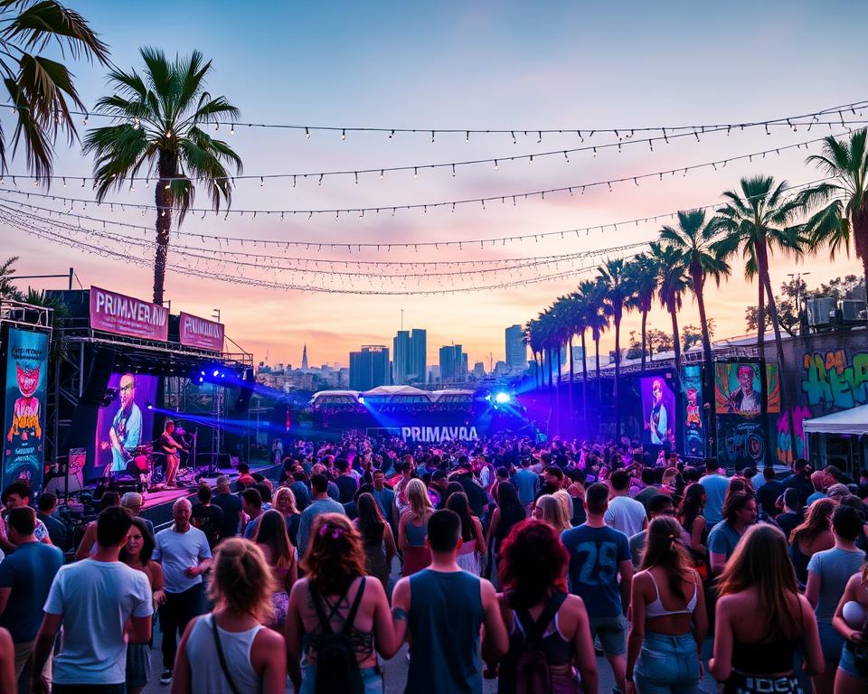 A vibrant scene at Primavera Sound Barcelona, capturing the essence of an urban music festival. In the foreground, enthusiastic festival-goers mingle, dressed in casual, stylish clothing, embodying the indie and alternative spirit. Lively musicians perform on a large outdoor stage, surrounded by colorful festival banners. The middle section showcases a diverse crowd dancing under twinkling fairy lights strung across trees, with an electric atmosphere accentuated by dynamic lighting in shades of blue and purple. In the background, the iconic Barcelona skyline melds with palm trees and vibrant murals, reflecting a lively urban setting. The mood is celebratory and energetic, portraying the essence of music, creativity, and community at sunset, with a slightly blurred lens effect to enhance movement and excitement. A vibrant scene at Primavera Sound Barcelona, capturing the essence of an urban music festival. In the foreground, enthusiastic festival-goers mingle, dressed in casual, stylish clothing, embodying the indie and alternative spirit. Lively musicians perform on a large outdoor stage, surrounded by colorful festival banners. The middle section showcases a diverse crowd dancing under twinkling fairy lights strung across trees, with an electric atmosphere accentuated by dynamic lighting in shades of blue and purple. In the background, the iconic Barcelona skyline melds with palm trees and vibrant murals, reflecting a lively urban setting. The mood is celebratory and energetic, portraying the essence of music, creativity, and community at sunset, with a slightly blurred lens effect to enhance movement and excitement.