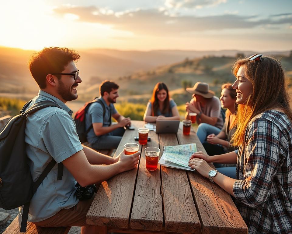 A vibrant scene capturing a diverse group of travelers in a picturesque outdoor setting, engaging in conversations and laughter while seated around a rustic wooden table. In the foreground, depict two individuals in modest casual clothing—one with a backpack, the other with a camera, sharing travel stories. In the middle ground, show additional travelers enjoying refreshments, immersed in discussions, fostering connections over maps and brochures. The background features a stunning landscape with rolling hills and a sunset sky, casting warm golden light, enhancing the camaraderie. The atmosphere should be inviting and cheerful, showcasing the joy of making connections while traveling, highlighting the essence of community amongst solo travelers. Use a wide-angle lens to capture the intimate setting with soft, natural lighting.