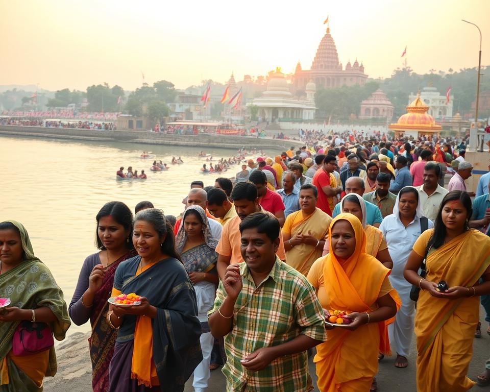 A vibrant scene capturing a traditional Hindu pilgrimage during a festival, with pilgrims in colorful, modest clothing walking along a serene riverbank. In the foreground, a group of devotees with joyful expressions holding offerings, such as flowers and fruits, as they participate in rituals. The middle ground features a bustling gathering of families engaging in prayers and cultural activities, surrounded by flags and festive decorations. The background reveals a scenic landscape with sacred temples and lush greenery under a warm, golden sunset sky. Soft, diffused lighting creates a serene and uplifting atmosphere, emphasizing the spiritual significance of pilgrimage. Use a slightly elevated angle to provide depth and convey the scale of the celebration.