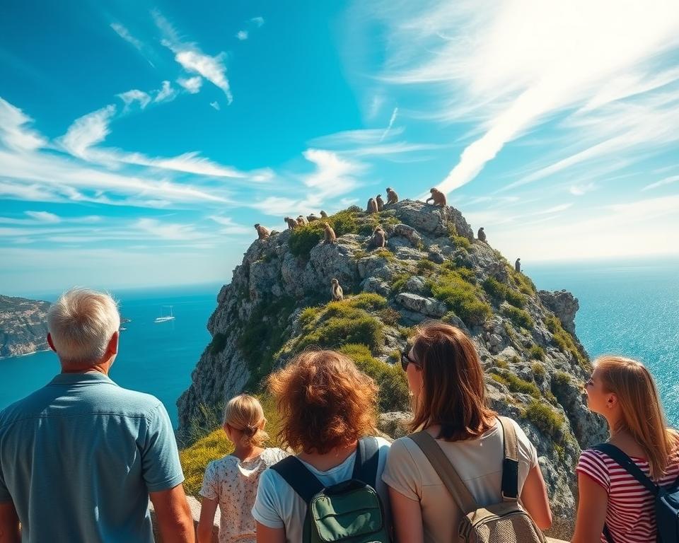 A vibrant scene capturing the best travel time in Gibraltar, focusing on the iconic Rock of Gibraltar (Affenfelsen). In the foreground, a family of tourists, dressed in casual, modest clothing, gazes upward, excitedly observing the majestic Barbary macaques arranged on the rocky ledges. The middle ground showcases the rugged terrain of the rock, dotted with lush greenery. The background features a stunning blue sky with wispy clouds, and the Mediterranean Sea glistening under bright sunlight, reflecting a cheerful, inviting atmosphere. Use a wide-angle lens perspective to create depth, emphasizing the grandeur of the rock while maintaining a warm, inviting mood, perfect for travel inspiration.