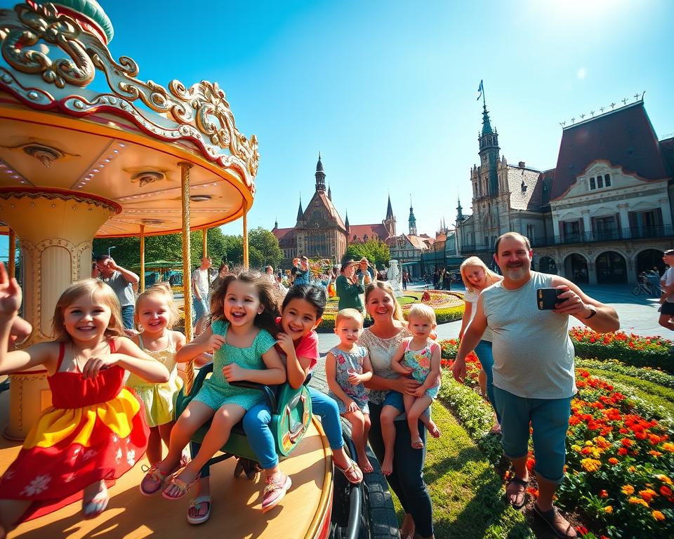 A vibrant scene capturing the essence of Germany's beloved amusement parks, focusing on families enjoying their day. In the foreground, a group of cheerful children in colorful clothing ride a carousel, laughing and smiling, while their parents, dressed in casual summer attire, take photos. The middle section showcases various attractions, such as roller coasters and whimsical rides, surrounded by lush greenery and colorful flowerbeds, creating a lively atmosphere. In the background, iconic German architecture and fairytale-themed buildings rise under a clear blue sky, with bright sunlight illuminating the scene. Use a wide-angle lens to create depth, highlighting the family's joyful interaction and the park's energetic vibe, conveying a sense of adventure and fun suitable for family leisure.
