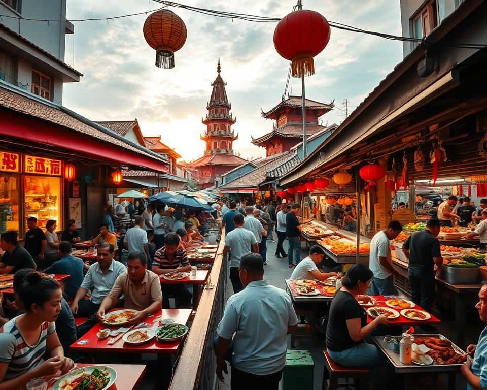 A vibrant scene capturing the essence of Glodok, Jakarta’s Chinatown. In the foreground, a busy restaurant terrace is alive with diverse diners enjoying traditional Indonesian and Chinese delicacies, served on colorful plates. The middle of the image showcases various food stalls, brimming with fresh ingredients and aromatic dishes, surrounded by local vendors in modest casual clothing. Lanterns and decorations hang above, adding to the festive atmosphere. In the background, iconic temples with ornate architecture can be seen, partially shrouded in warm, golden sunset light, contrasting with the bustling market. The mood is lively and culturally rich, inviting viewers to experience the sights and sounds of this unique neighborhood. Use a wide-angle lens to capture the full depth and bustling activity.