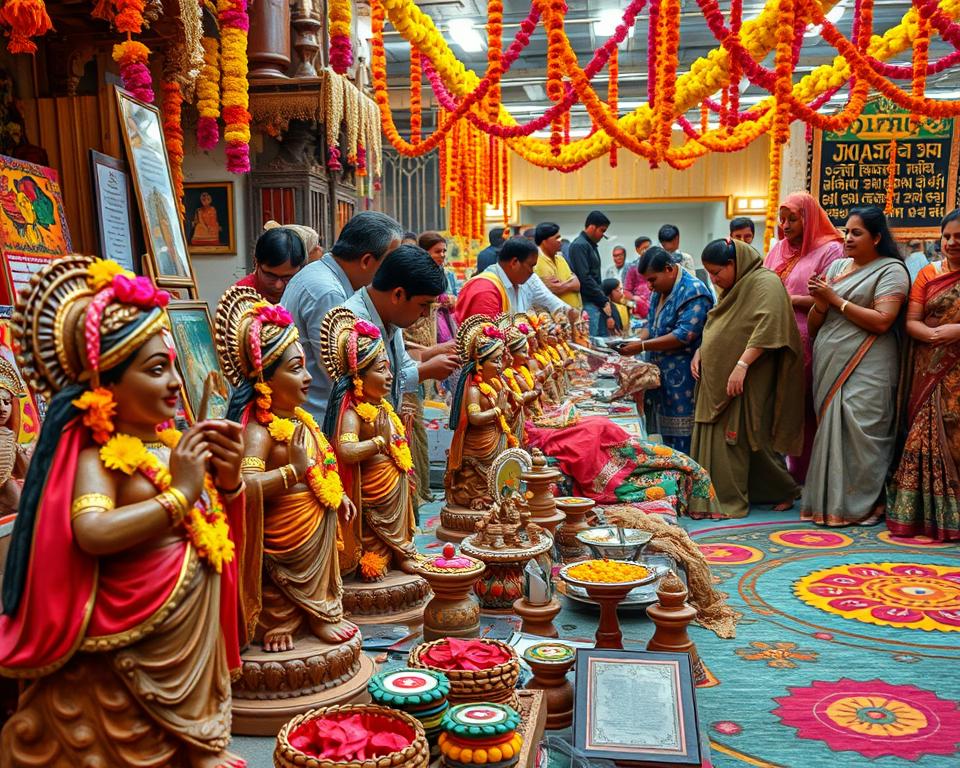 A vibrant scene capturing the essence of Hindu art during festive celebrations. In the foreground, intricately designed clay idols of deities adorned with colorful flowers and vibrant fabrics. The middle ground features artisans engaged in traditional crafts, such as painting and sculpting, showcasing their meticulous skills. Include richly decorated Indian motifs and patterns, blending traditional craft techniques with contemporary interpretations. The background should depict festive decorations, like strings of marigold flowers and colorful rangoli patterns on the ground, with soft golden lighting giving a warm, celebratory atmosphere. The scene is lively, exuding a sense of joy and community, as people of diverse backgrounds, dressed in modest traditional clothing, come together to admire the art. The angle captures the entire setting, focusing on the details of craftsmanship and decoration.