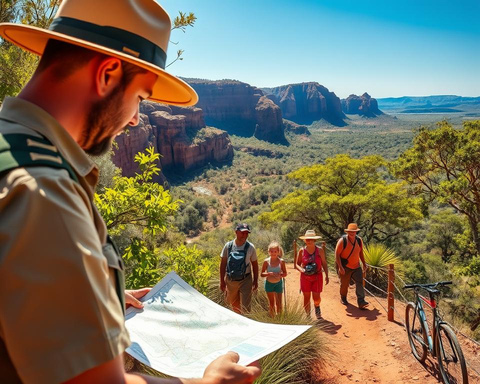 A vibrant scene capturing the essence of Kakadu National Park in Australia, focusing on safety and health. In the foreground, a park ranger in a professional outfit inspects a trail map, surrounded by lush, green vegetation and the unique flora of the Kakadu region. In the middle ground, a family is seen enjoying a hiking trail safely, wearing appropriate clothing and footwear, with a picnic setup under a shady tree. In the background, iconic sandstone escarpments rise against a bright blue sky, with a few distant waterfalls glistening in the sunlight. The image is filled with warm, natural lighting that conveys a friendly and inviting atmosphere. The angle is slightly elevated, capturing the majestic beauty of the park while emphasizing safe exploration.